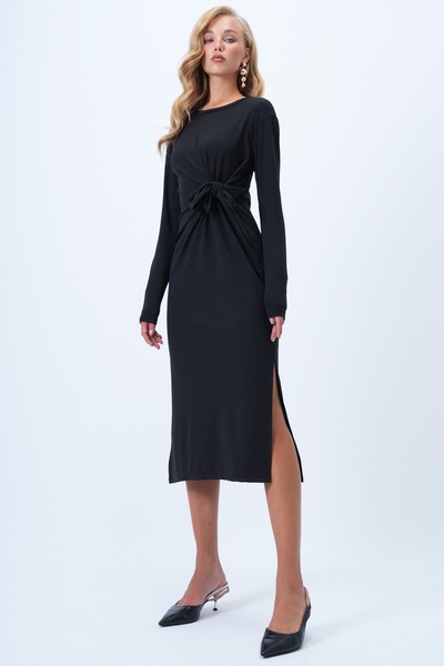Trend Alaçatı Stili Women's Black Crew Neck Tie Detail Double Slit Sandy Dress Alc-X14370