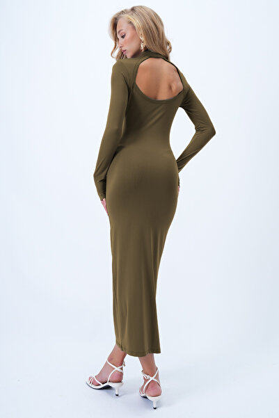 Trend Alaçatı Stili Dámské khaki šaty s vysokým výstřihem a výstřihem na zádech, maxi délka, pískové šaty Alc-X14385
