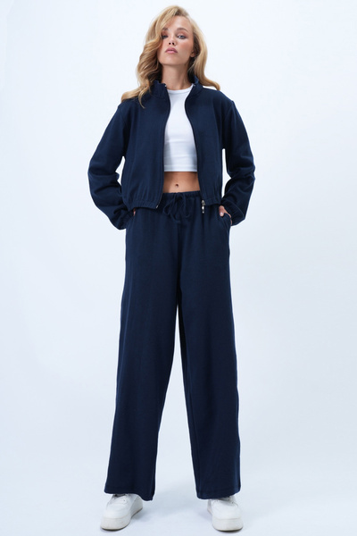 Trend Alaçatı Stili Women's Navy Blue Stand Collar Knitted Zippered Sweat Jacket and Pants Set Alc-X14384