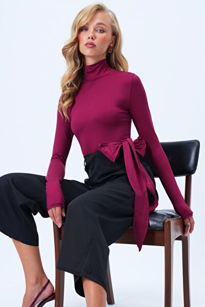 Trend Alaçatı Stili Kadın Bordo Balıkçı Yaka Belden Bağlama Detaylı Sandy Bluz Alc-X14394