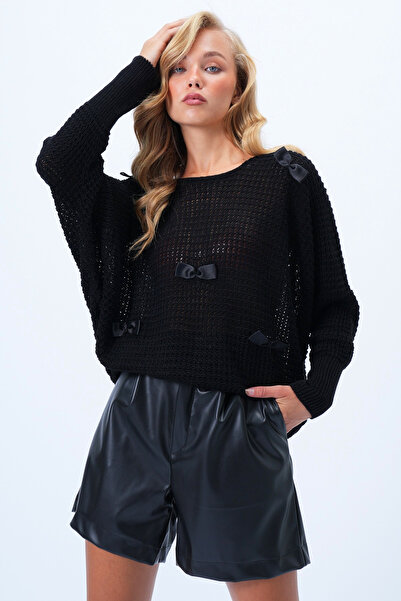 Trend Alaçatı Stili Dámská černá pletená halenka s mašlí a detaily na krku Alc-X14373