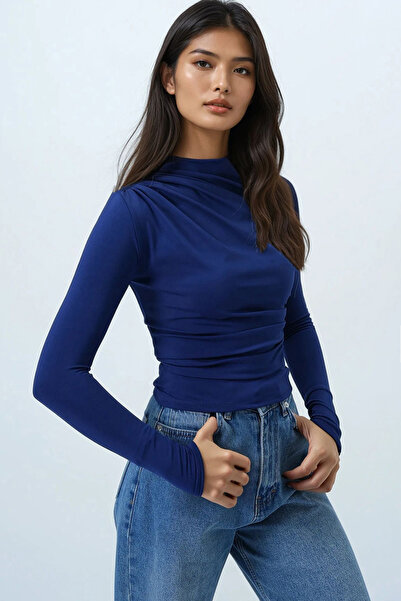 Trend Alaçatı Stili Dámská tmavě modrá písková halenka s detailním lemem v pase a přes rameno Alc-X14376