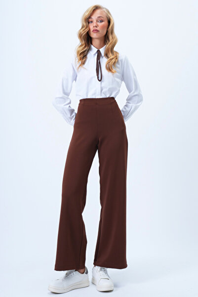 Trend Alaçatı Stili Kadın Acı Kahve Pens Detaylı Örme Palazzo Pantolon Alc-X14432