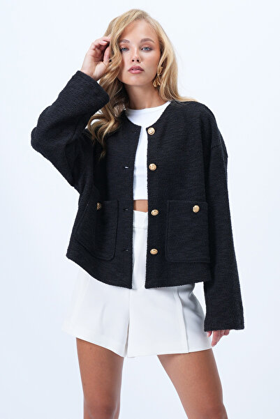 Trend Alaçatı Stili Dámská černá bunda s texturou a dvojitými kapsami Alc-X14375