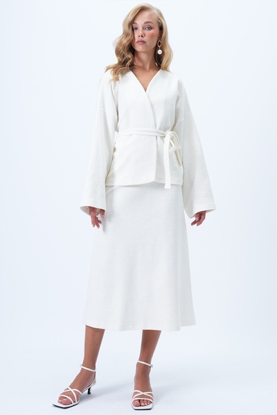 Trend Alaçatı Stili Women's Ecru Double Breasted Cut Self Belted Textured Jacket and Maxi Length Skirt Tweed Suit Alc-X14382
