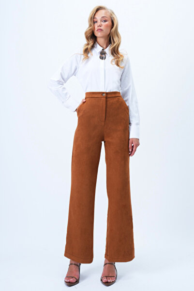 Trend Alaçatı Stili Kadın Taba Çift Cepli Beli Lastikli Suni Süet Palazzo Pantolon Alc-X14406