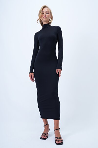 Trend Alaçatı Stili Kadın Siyah Dik Yaka Sırt Dekolteli Maxi Boy Sandy Elbise Alc-X14385