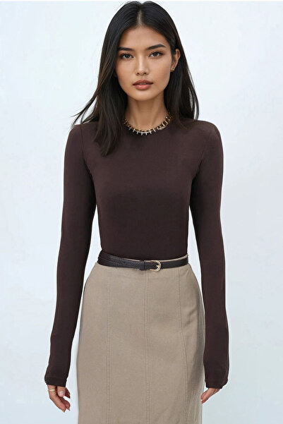 Trend Alaçatı Stili Bitter Brown Damen-Overall mit Rundhalsausschnitt und Druckknopfverschluss unten, Bluse Alc-X14388