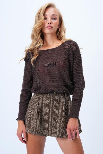 Trend Alaçatı Stili Γυναικεία πλεκτή μπλούζα σε καφέ λαιμόκοψη με λεπτομέρεια φιόγκου Alc-X14373