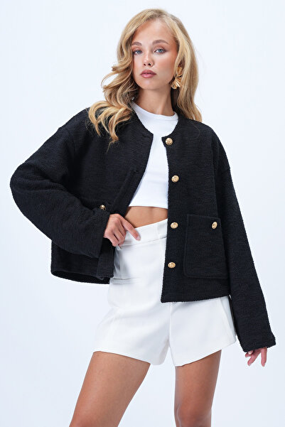 Trend Alaçatı Stili Dámská černá bunda s texturou a dvojitými kapsami Alc-X14375