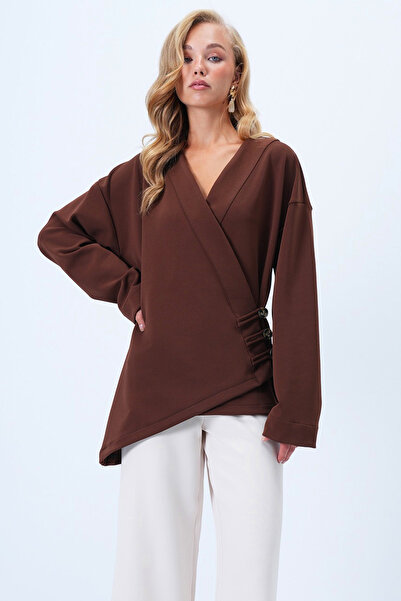 Trend Alaçatı Stili Women's Bitter Brown Double Breasted Collar Asymmetric Cut Button Detailed Kimono Jacket Alc-X14411