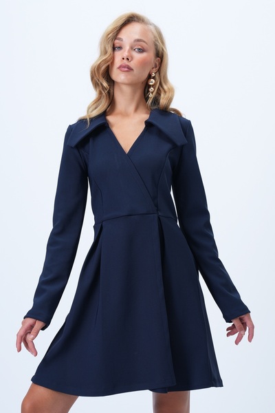 Trend Alaçatı Stili Women's Navy Blue Double Breasted Cutout Pleated Detailed Slit Mini Dress Alc-X14427