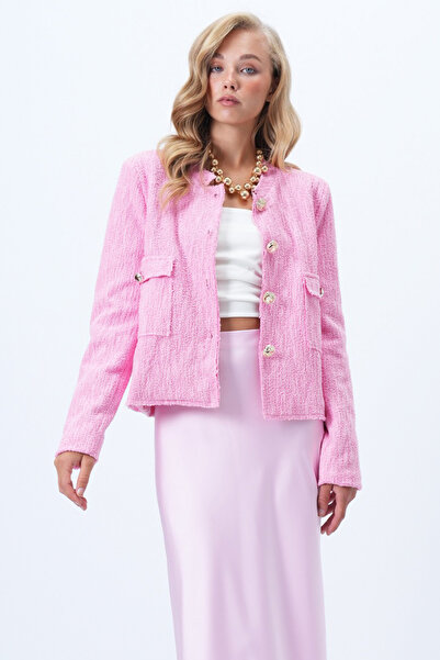 Trend Alaçatı Stili Jachetă căptușită pentru femei, roz, cu buzunar dublu, cu butoane aurii, Alc-X14365
