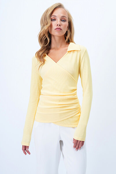 Trend Alaçatı Stili Women's Yellow Shirt Collar Double Breasted Cutout Drape Detail Ottoban Blouse Alc-X14344