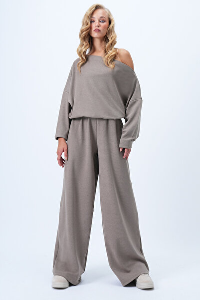 Trend Alaçatı Stili Női Mink széles nyakú, laza szabású blúz és nadrág alsó felső szett Alc-X14413