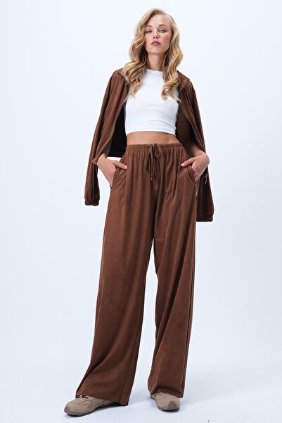 Trend Alaçatı Stili Γυναικείο παντελόνι Palazzo από τεχνητό σουέτ με διπλή τσέπη και ελαστική μέση Alc-X14424