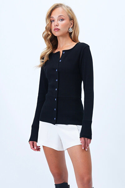 Trend Alaçatı Stili Kadın Siyah Geniş Manşetli Dikiş Detaylı Önü Düğmeli Kaşk...