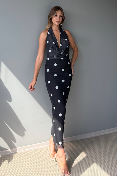 Trendyol Collection Black Polka Dot Knitted Tulle Midi Lined Stylish Evening Dress Night Homecoming Dress Tprss25El00334