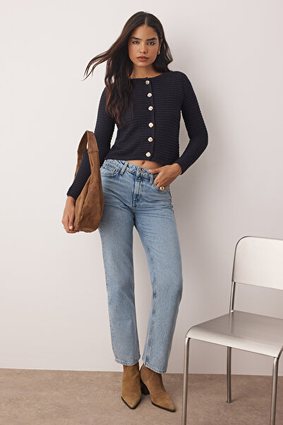 Trendyol Collection Navy Blue Textured Cotton Look Knitwear Cardigan Twoaw26Hi00186