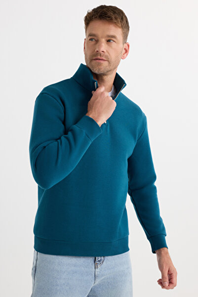 Tudors Unisex Relax Fit Rahat Kesim Pamuklu Içi Polarlı Yarım Fermuarlı Indigo Dik Yaka Sweatshirt