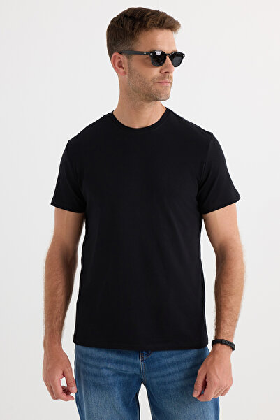 Tudors Ανδρικό μπλουζάκι Slim Fit Slim Fit Βαμβακερή απαλή υφή ελαστικό ύφασμα Απλό βασικό μαύρο μπλουζάκι με λαιμόκοψη