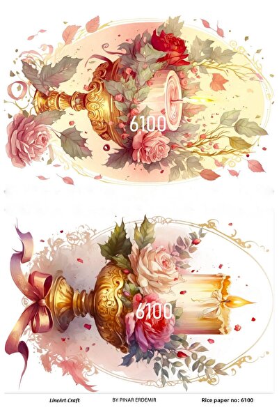 LİNEART 6100 Model Flower and Candle Patterned Brass Decoration - 30X42
