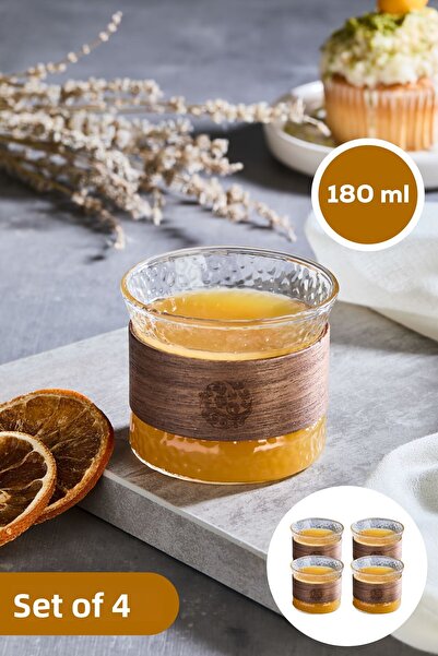 Vienev مجموعة من 4 أكواب زجاجية بجسم خشبي 180 مل