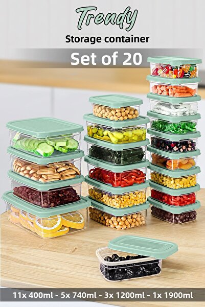 Meleni Home Set of 20 Microwaveable Rectangular Food Containers - Green