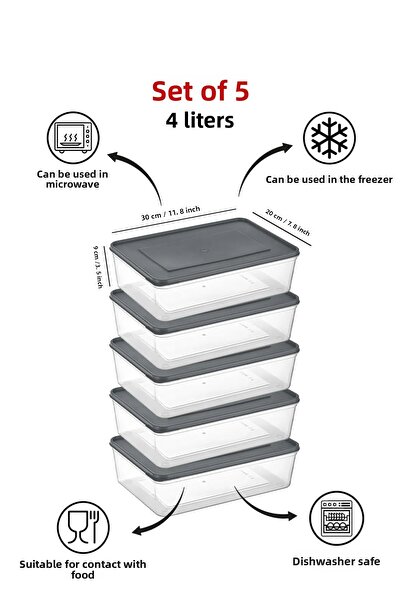 Espas Home مجموعة حاويات تخزين Freshkeep مناسبة للميكروويف والفريزر العميق مكونة من 5 قطع - رمادي / 5*4000 مل