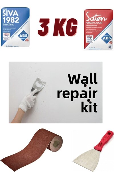 ARDENT HOME طقم جص إصلاح الجدار 3 كجم (2 كجم جص - 1 كجم جص ساتان - صنفرة - ملعقة)