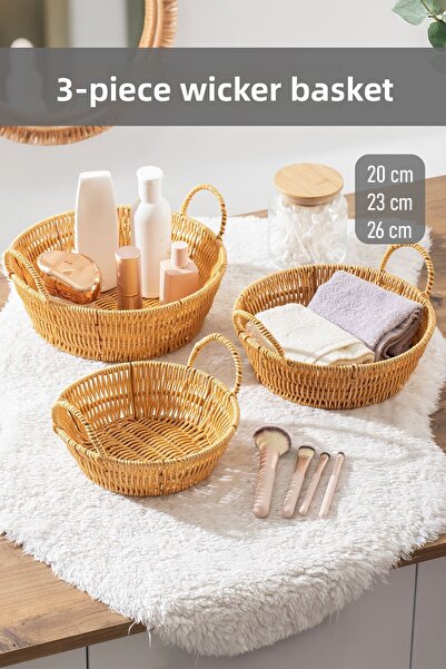 Porsima 304-B مجموعة مستديرة من 3 قطع من الخوص - سلة تنظيم المنزل والحمام بمقابض