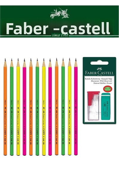 Faber Castell فابر كاستل 12 قطعة قلم رصاص كاندي ومبراة قلم رصاص + مجموعة ممحا...