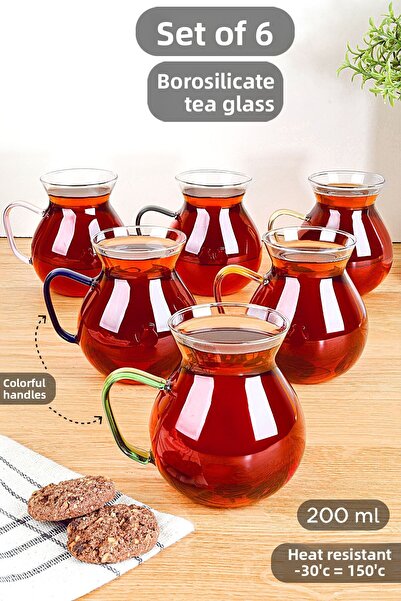 Meleni Home Set of 6 Borosilicate Glass Tea Cups with Colored Handles - Chubby Glass Cup with Handle 200 ml