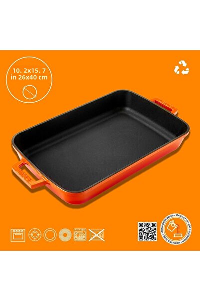 Lava Cast Rectangular Rosto and Oven Tray Cast Iron Solid Double Handle Size 26x40cm