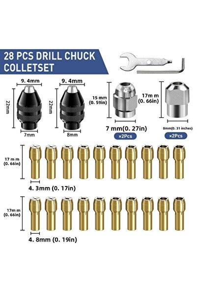 Choice مجموعة مشابك تثبيت المثقاب 28 قطعة من دريميل، مقاس 1/32 بوصة إلى 1/8 بوصة، بديلة لمفتاح تثبيت المثقاب 4486
