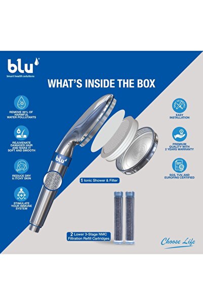 Blu Intelligent Health Solutions blu Ionic Shower Filter - Handheld - Removes Chlorine & Harmful Pollutants - Chrome