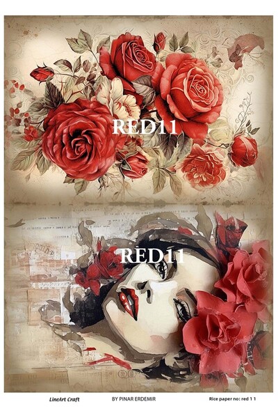 LİNEART سلسلة RED11 - نمط الأزهار الحمراء، زخرفة نحاسية نسائية 30x42