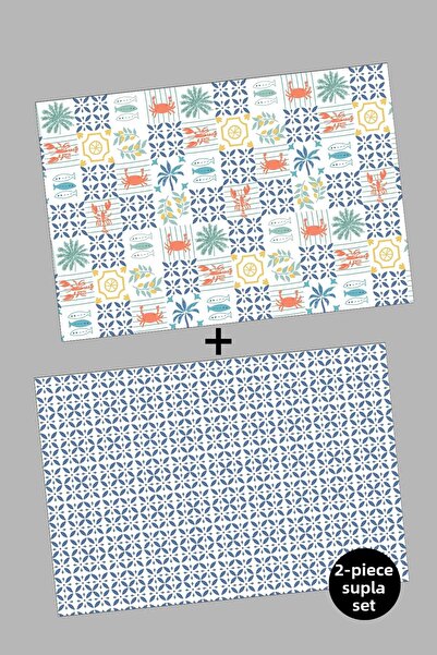 EsnafAli Синьо-бял геометричен морски мотив, 2-компонентен американски сервиз