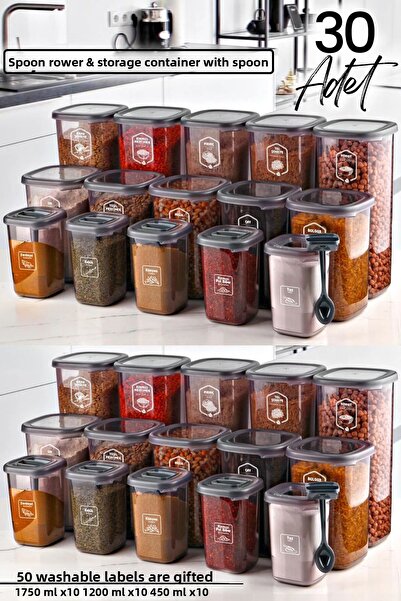 NESS HOME 30-Piece Labeled Square Spice Bowl with Food and Spoon Set - 1750ML 1200ML 400 ML