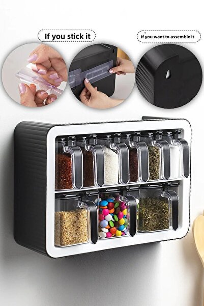 KASTAMONU PLASTİK طقم وعاء توابل 9 قطع مع حامل وملعقة ذاتية اللصق