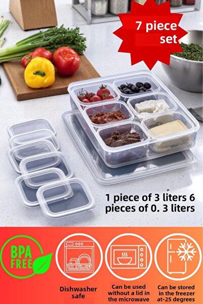 DOVİHOME 7 Piece Vacuum Sealed Storage Container Set 3000 ml and 300 ml |   Transparent |   Refrigerator Organizer
