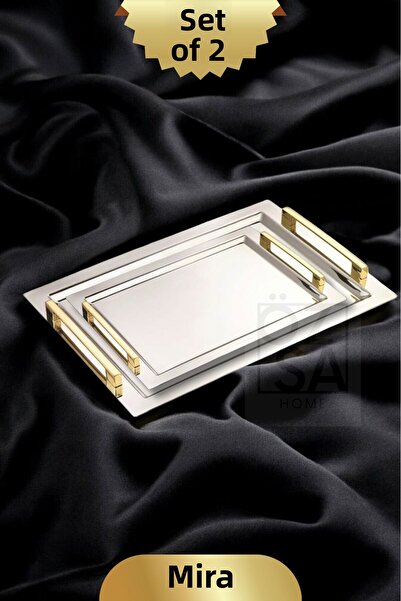 ÖzSa Home طقم تقديم وصينية مستطيل من الفولاذ المقاوم للصدأ 18/10 مكون من قطعتين