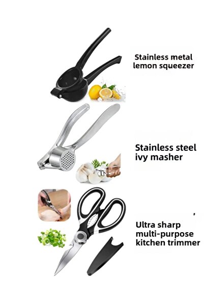 Online Kapında مجموعة من 3 عصارة ليمون معدنية مقاومة للصدأ، هراسة الثوم، مقص ...