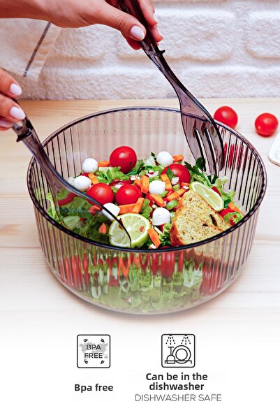 Vienev Acrylic Round Salad Bowl with Spoon 23 Cm Serving Presentation Plate Anthracite