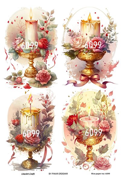 LİNEART 6099 شمعدان نحاسي مزخرف بالزهور والشموع - 30x42