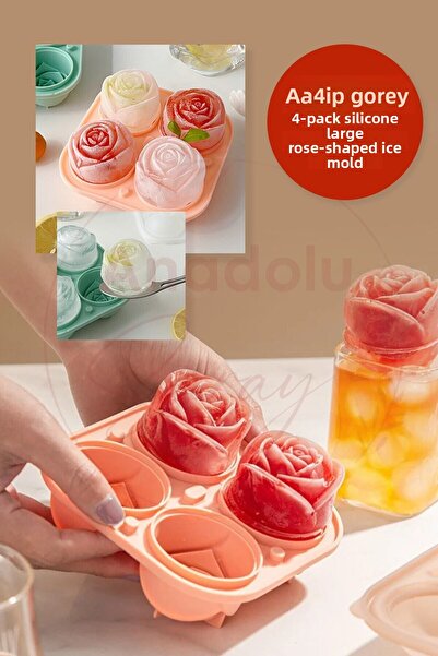 Anadolu Saray 2 Pcs Practical 4-Piece Silicone Large Rose Shaped Ice Mold |   4 Silicone Rose Ice Molds |   Presentation Ice