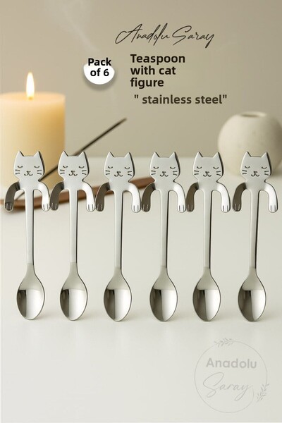 Anadolu Saray Stainless Steel Teaspoon with 6 Cat Figures That Can Be Hanged on the Brim of the Cup, Ideal for Stylish Presentation