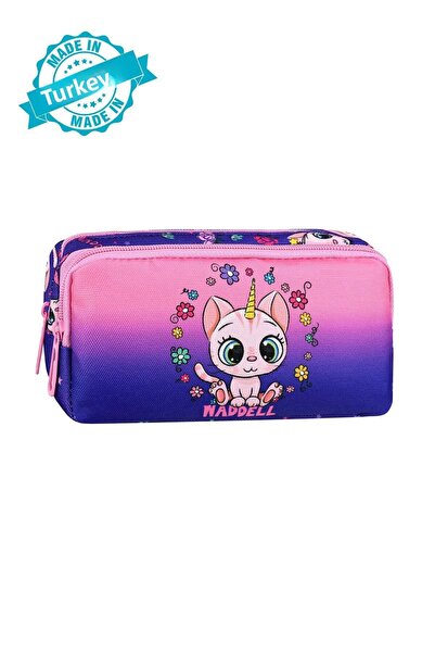 Waddell Geantă pentru stilouri cu 2 buzunare cu model de pisică violet-roz