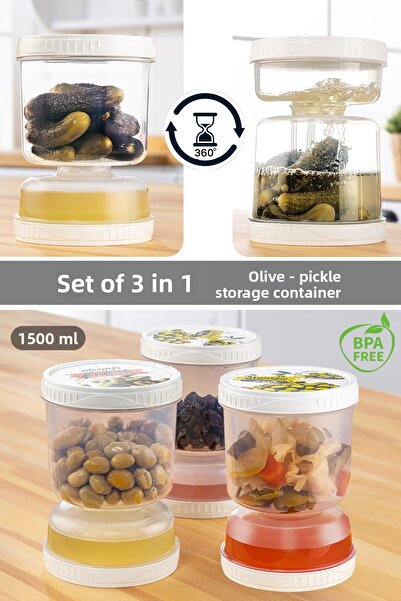 Meleni Home Set of 3 with Strainer Leakproof Olive Bowl Converter Use Pickle Storage Container 1.5 Lt Transparent