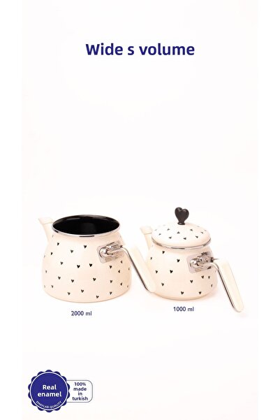 EMAYlab Cupid Black Heart Patterned Enamel Teapot Set - Special Zamak Tufted